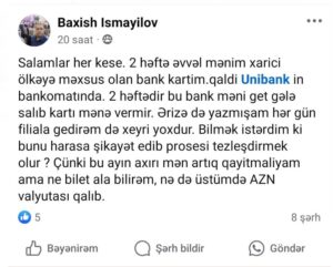 “Unibank” şikayətçinin kart problemini həll edə bilmir